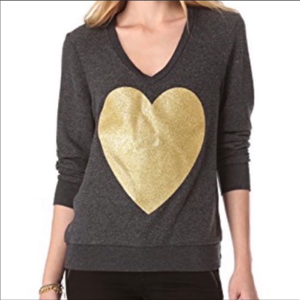 Wildfox Fleece Grey Sweater Gold Sparkle Heart